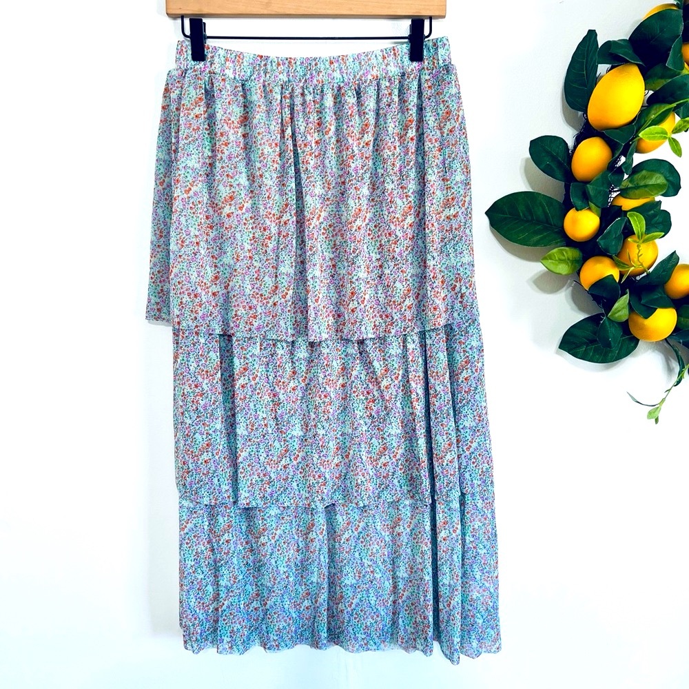 Floral Tiered Midi Skirt - Blue Multi